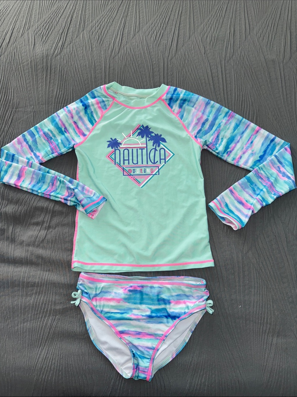 Nautica Mint Green Rash Guard set with Blue and Pink Tie-Dye Sleeves
